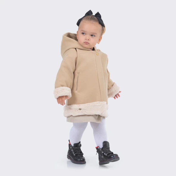 Babyhola Kız Bebek Çocuk Pamuk Astarlı Kapüşonlu Kürk Detaylı Kaşe Kaban Kışlık 13494 - 10