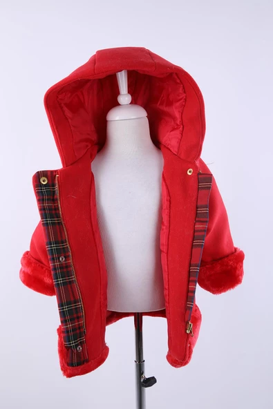 Babyhola Kız Bebek Çocuk Pamuk Astarlı Kapüşonlu Kürk Detaylı Kaşe Kaban Kışlık 13494 - 3