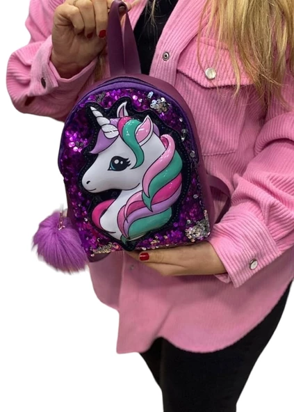 DZC KUZENLER AVM Kız Çocuk Unicorn Işıklı Pullu Ponponlu Sırt Çantası - 7