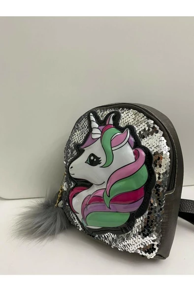 DZC KUZENLER AVM Kız Çocuk Unicorn Işıklı Pullu Ponponlu Sırt Çantası - 4