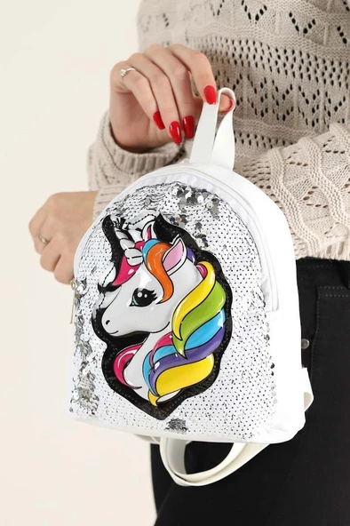 DZC KUZENLER AVM Kız Çocuk Unicorn Işıklı Pullu Ponponlu Sırt Çantası - 10
