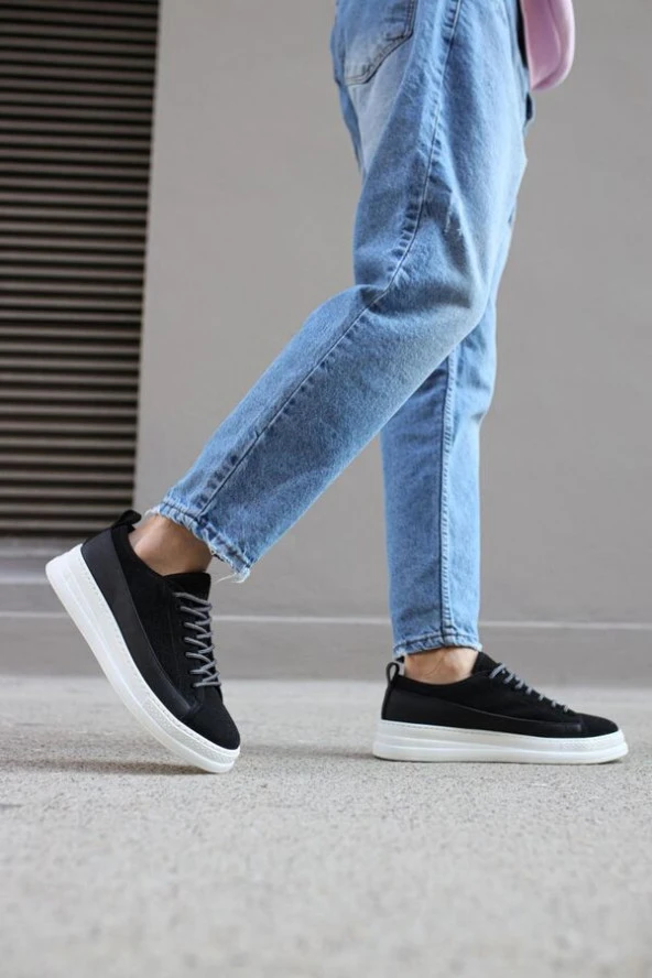 Pabucmarketi Erkek Ayakkabı Sneakers Siyah Süet (Beyaz Taban)