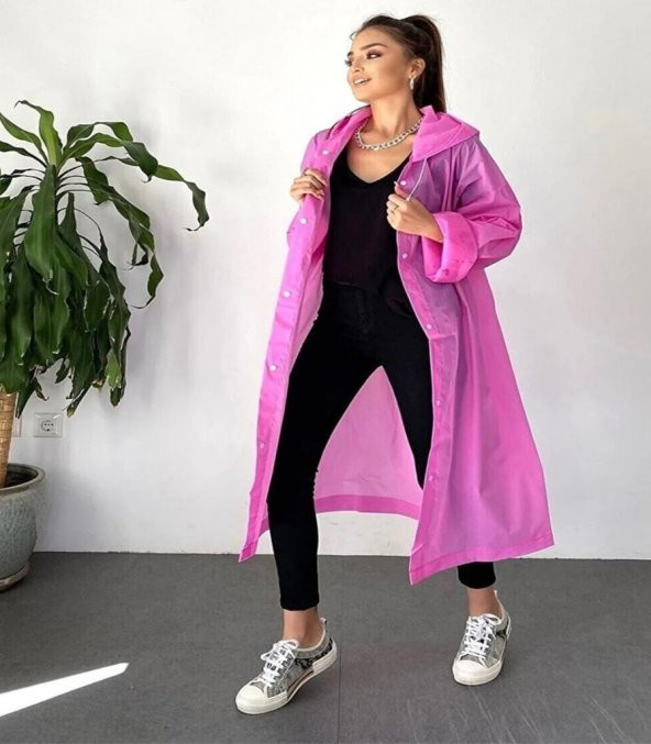 DZC KUZENLER AVM KadıN Yağmurluk Kapüşonlu Çıtçıtlı Eva Yağmurluk RÜZGARLIK pembe - 4