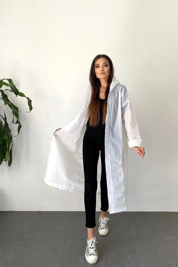 DZC KUZENLER AVM Kadın Erkek Yağmurluk Kapüşonlu Çıtçıtlı Eva Yağmurluk RÜZGARLIK BEYAZ - 2