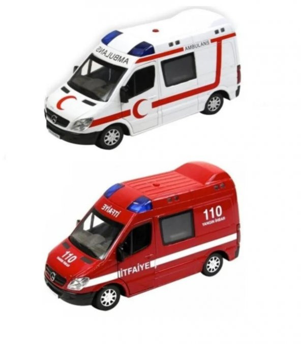 2 ADET Diecast Metal İTFAİYE VE AMBULANS Mercedes Sprinter Çek Bırak Işıklı Siren Sesli 14 Cm kapıları açılır ürün görseli 1