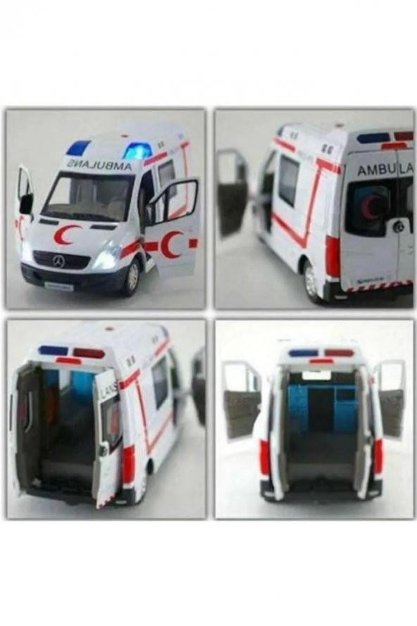 2 ADET Diecast Metal İTFAİYE VE AMBULANS Mercedes Sprinter Çek Bırak Işıklı Siren Sesli 14 Cm kapıları açılır - Resim 4