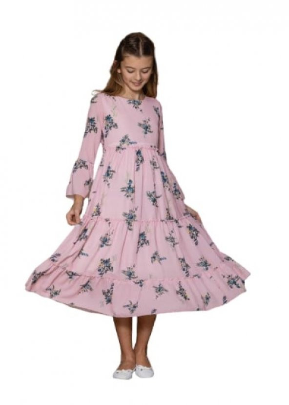 Gülücük Kids 774 Kız Çocuk Bürümcük Çicekli Elbise - Açık Pembe - ST00671-Açık Pembe-11 YAŞ