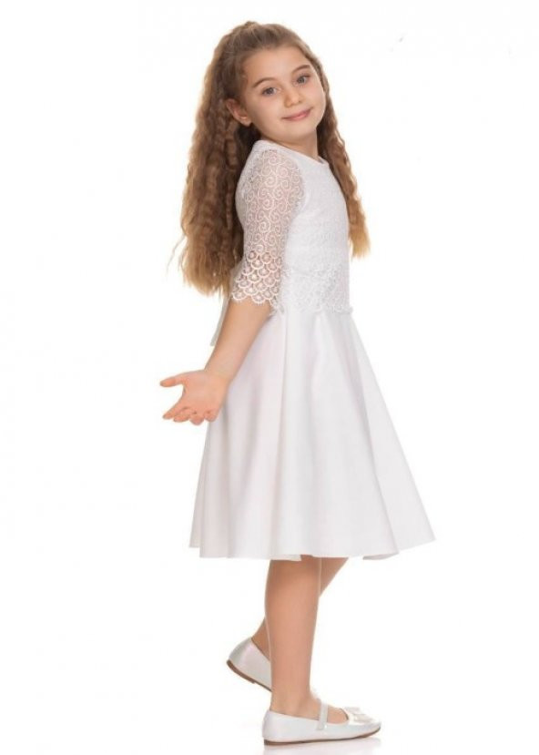 Gülücük Kids 894 Kız Çocuk Güpürlü Elbise - Krem - ST00661-Krem-7 YAŞ