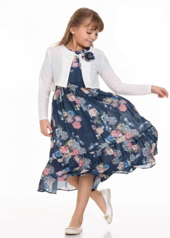 Gülücük Kids 00668 Kız Çocuk Şifon Desenli Bolero Elbise - Lacivert - ST00668-Lacivert-10 YAŞ