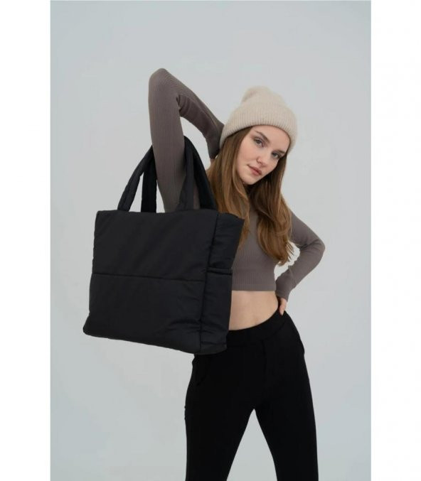 DZC KUZENLER AVM Samilon Kabartmalı Puf Kumaş Shopper Çanta Napoli Siyah AĞZI FERMUARLI KOL OMUZ OKUL