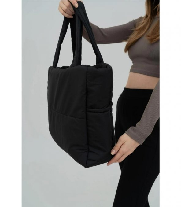 DZC KUZENLER AVM Samilon Kabartmalı Puf Kumaş Shopper Çanta Napoli Siyah AĞZI FERMUARLI KOL OMUZ OKUL - 2