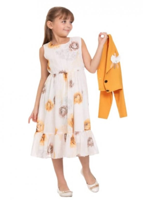 Gülücük Kids 00659 Kız Çocuk Şifon Desenli Bolero Elbise - Sarı - ST00659-Sarı-11 YAŞ