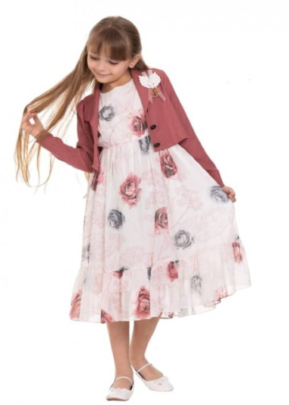 Gülücük Kids 00659 Kız Çocuk Şifon Desenli Bolero Elbise - Bordo - ST00659-Bordo-12 YAŞ