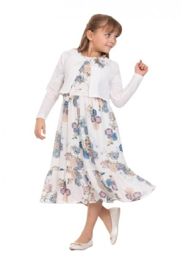 Gülücük Kids 00668 Kız Çocuk Şifon Desenli Bolero Elbise - Krem - ST00668-Krem-11 YAŞ