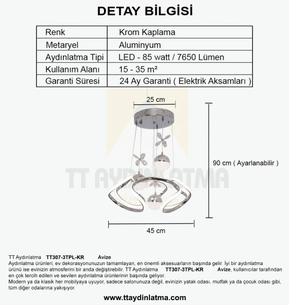 TT Aydınlatma TT307-3TPL-KR  Helezon Modeli Krom 3 Toplu 3 Renkli Ledli Avize - 4
