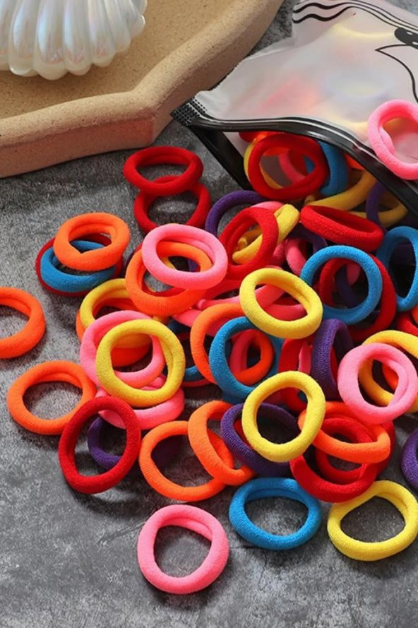 100 ADET Şeffaf Kilitli Çantalı Karışık Neon Renk Saç Lastik MİNİ Toka Renkli KUMAŞ - 2