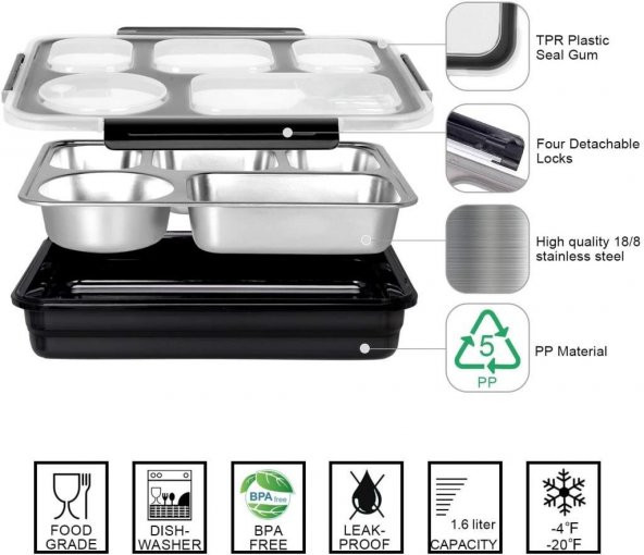 Backpacker 5 Bölmeli Sızdırmaz Yemek Kabı 1600ML Açık Mavi - 9