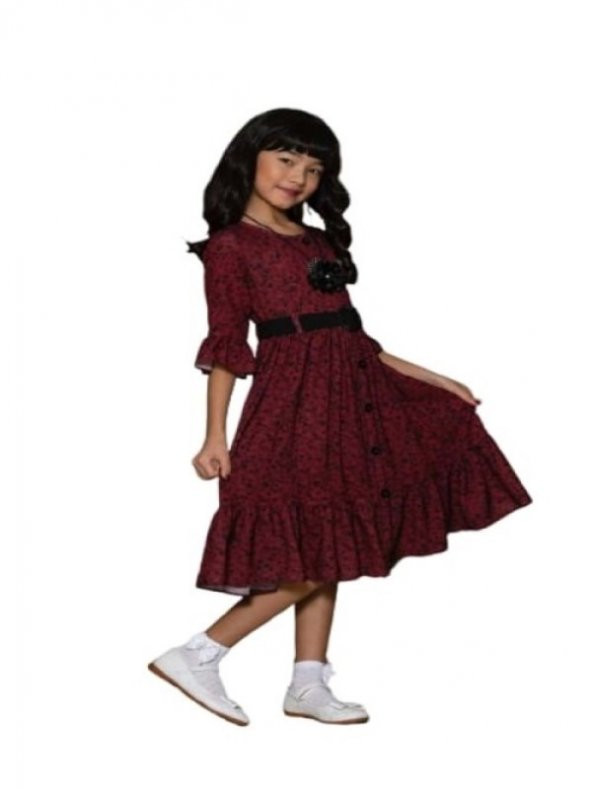 Gülücük Kids Kız Çocuk Çiçekli Şifon Elbise 854 - Bordo - 11 YAŞ