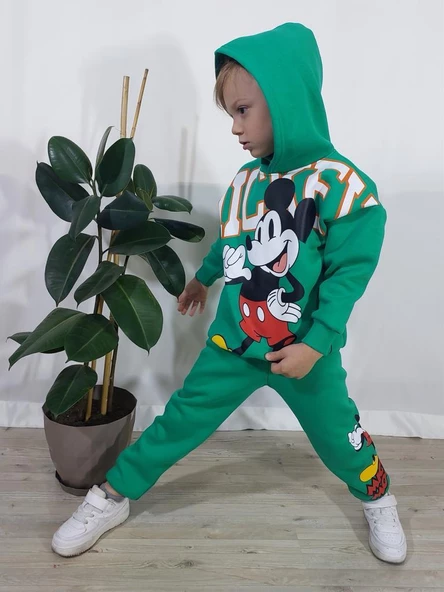 ERKEK ÇOCUK MİCKEY TAZMANYA KAPŞONLU 3 İPLİK EŞOFMAN TAKIMI - Resim 3