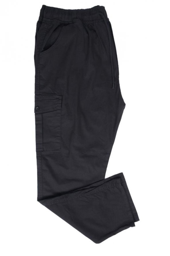 Battal Beden Çok Cepli Beli Lastikli Pantolon Siyah Renk