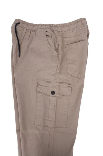 Battal Beden Çok Cepli Beli Lastikli Pantolon Krem Renk - 10