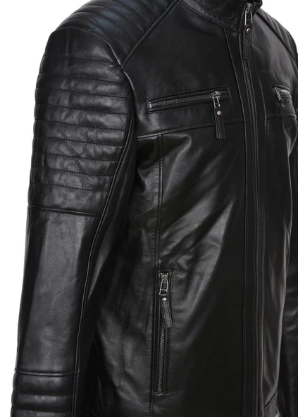 Dört Cepli İşleme Spor Deri Mont Siyah Renk - 11