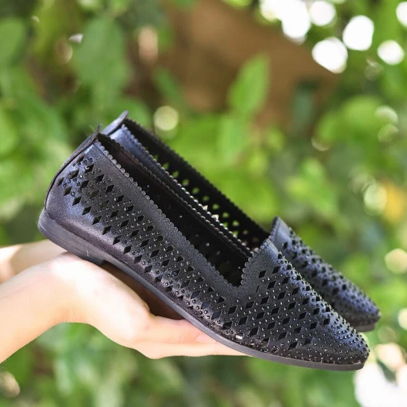 Pabucmarketi Siyah Cilt Kadın Babet Ayakkabı