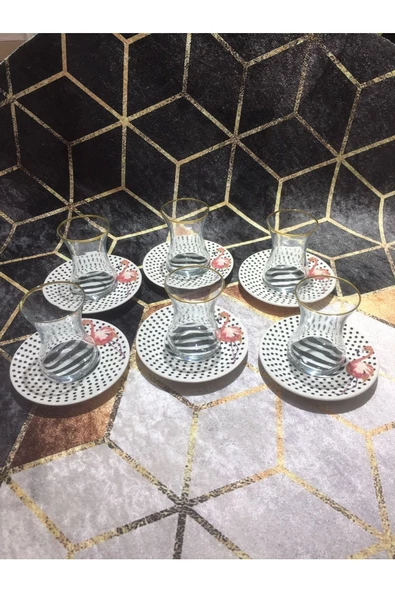 Penguen Porselen Tabaklı Cam Çay Takımı