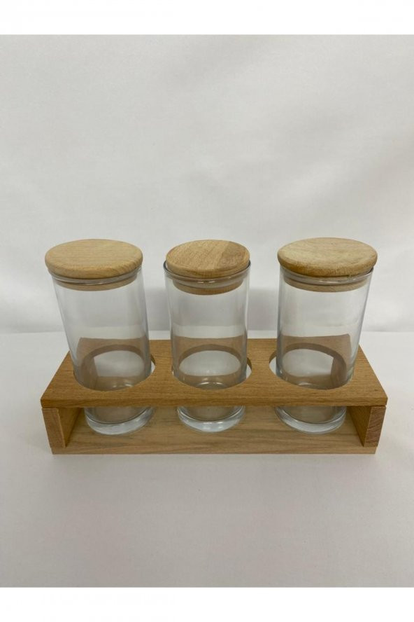 BAL HOME Buenos 3'lü Bambu Kapaklı Cam Baharat Seti Standlı