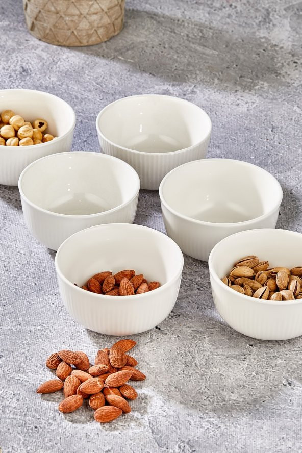 6 Lı Beyaz Çizgili Yuvarlak Porselen Çerezlik Sunumluk Kase - 2