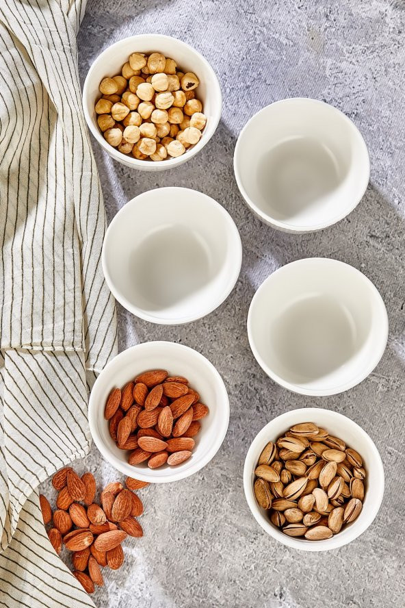 6 Lı Beyaz Çizgili Yuvarlak Porselen Çerezlik Sunumluk Kase - 4