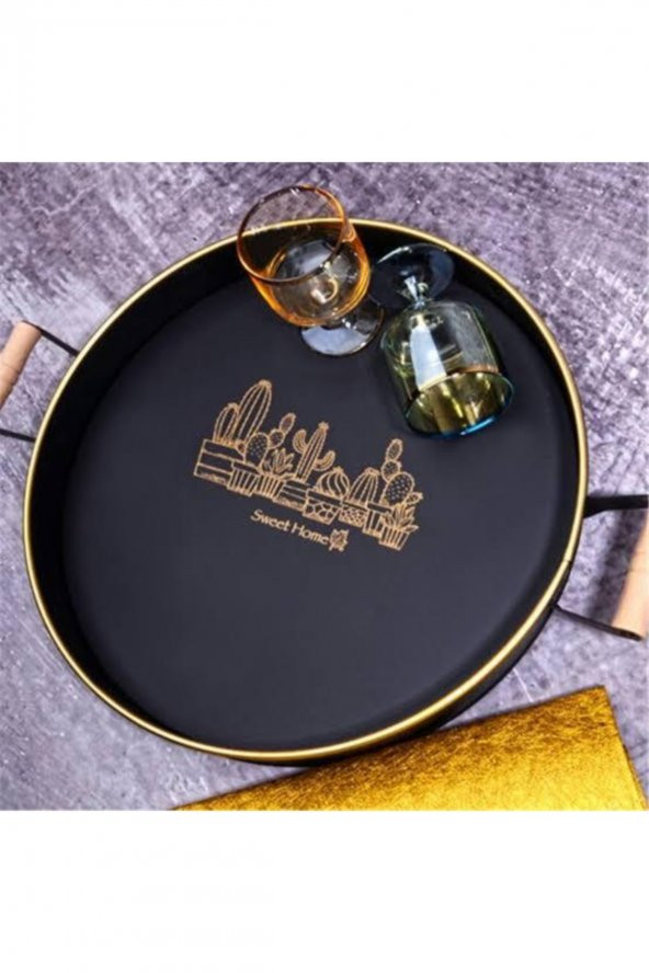 Lavin Ahşap Saplı Metal Yuvarlak Tepsi 29 Cm