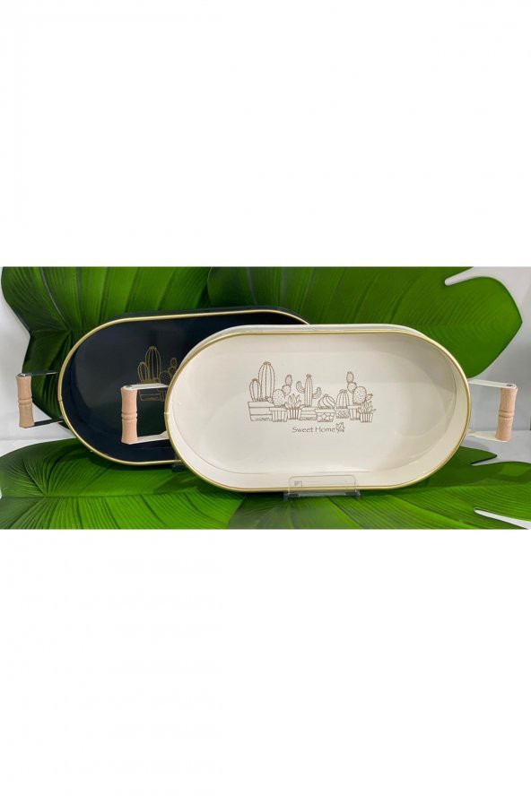MorzaPazarı Metal Oval Kaktüs Mod Ahşap Saplı Altın Yaldızlı Tepsi 38.5x21.5x4,5cm Beyaz - 2