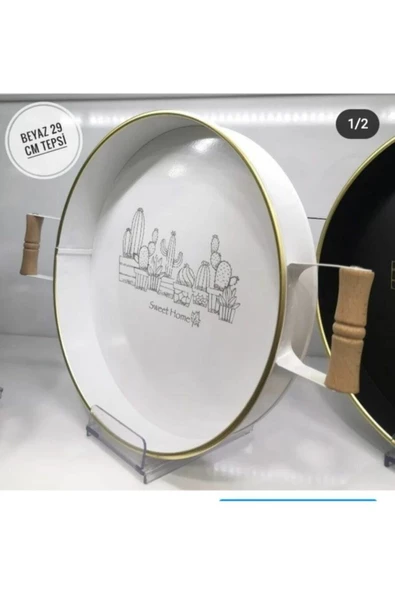 Lavin Ahsap Saplı Metal Yuvarlak Tepsi - 3