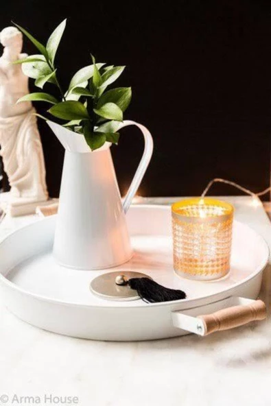 Lavin Ahsap Saplı Metal Yuvarlak Tepsi