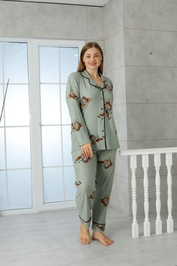 Kadın Battal Süet Kışlık  Düğmeli Pijama Takımı 13100-S