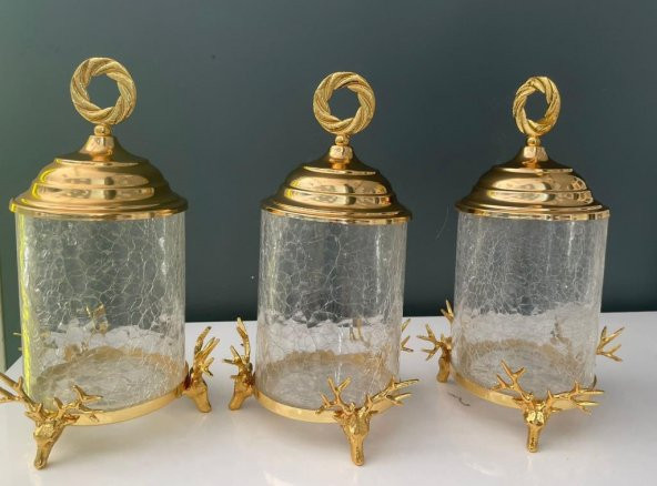 HERA KRİSTAL 3 LÜ GEYİKLİ KAPAKLI KAVANOZ SETİ ALTIN