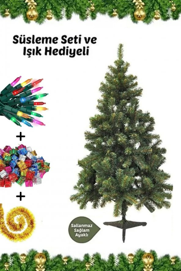 Süsleme Seti Yılbaşı Çam Ağacı Renkli Işığı Ve Yeni Yıl Süsleri Noel Paketi 110 Cm 110 Dal