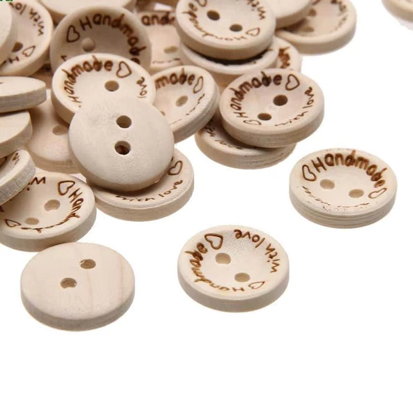 Hand Made With Love Yazılı Ahşap Düğme (25 Adet) - Resim 2