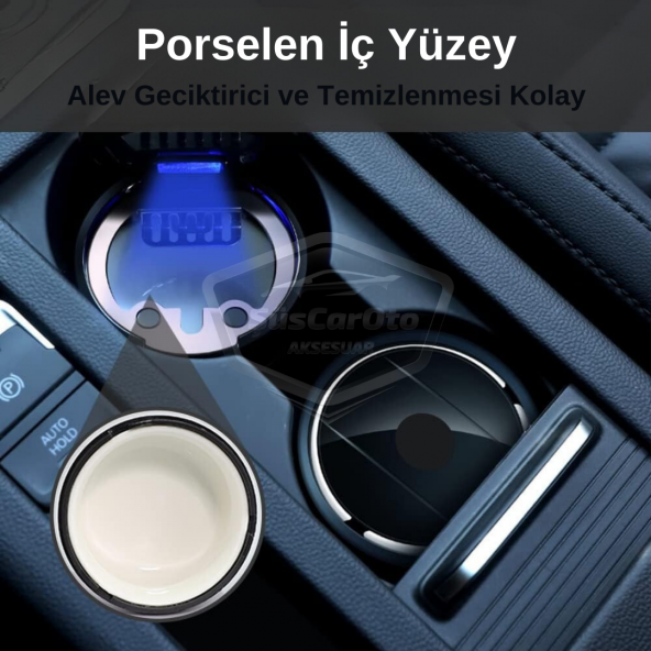 Üniversal Porselen Yanmaz Koku Geçirmez Işıklı Lüx Oto Küllük Dumansız Kapaklı Spor Araç İçi Küllük Araba Küllüğü Gümüş - 3