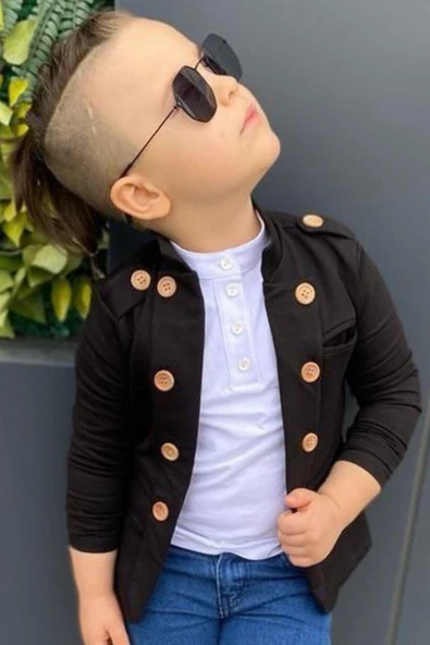Erkek Çocuk Omzu ve Ceket Yakası Düğme Detaylı Cepli Blazer Ceketli Siyah Alt Üst Takım - 6