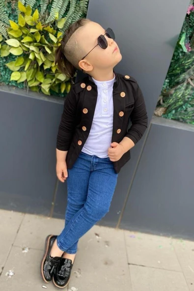 Erkek Çocuk Omzu ve Ceket Yakası Düğme Detaylı Cepli Blazer Ceketli Siyah Alt Üst Takım - 7