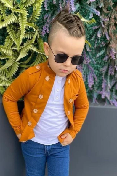 Erkek Çocuk Omzu ve Ceket Yakası Düğme Detaylı Cepli Blazer Ceketli Hardal Alt Üst Takım - Resim 4