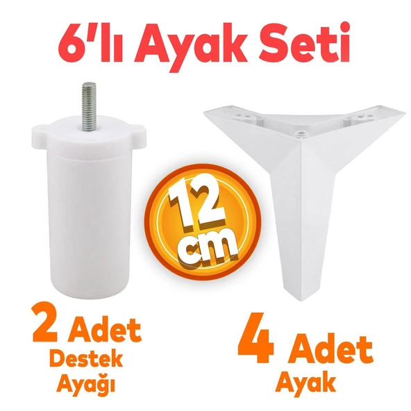 Kale 6'lı Set Mobilya Tv Ünitesi Koltuk Kanepe Destek Ayağı 12 Cm Beyaz Baza Ayakları M8 Civatalı