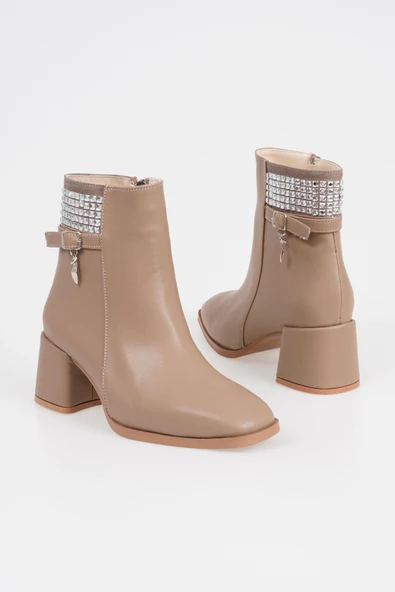 Kadın Topuklu Bot Taş Aksesuarlı Kemerli Fermuarlı - Resim 3