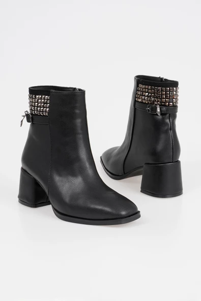 Kadın Topuklu Bot Taş Aksesuarlı Kemerli Fermuarlı - Resim 12