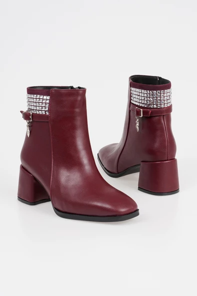 Kadın Topuklu Bot Taş Aksesuarlı Kemerli Fermuarlı - Resim 6