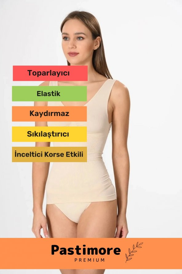 Özel Üretim Rahat Dayanıklı Kadın Ten Dikişsiz V Yaka Toparlayıcı Fitilli Atlet Korse - 2