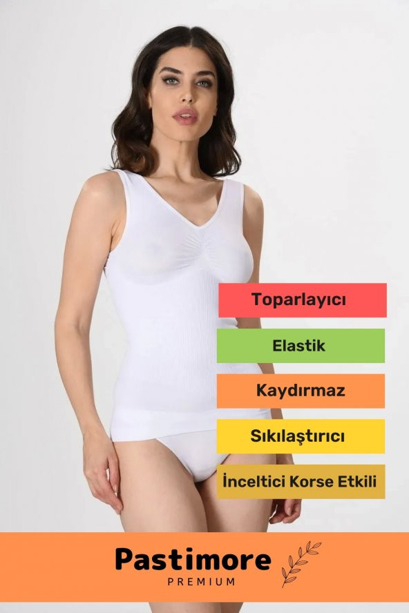 Özel Üretim Rahat Dayanıklı Kadın Beyaz Dikişsiz V Yaka Toparlayıcı Fitilli Atlet Korse - 2