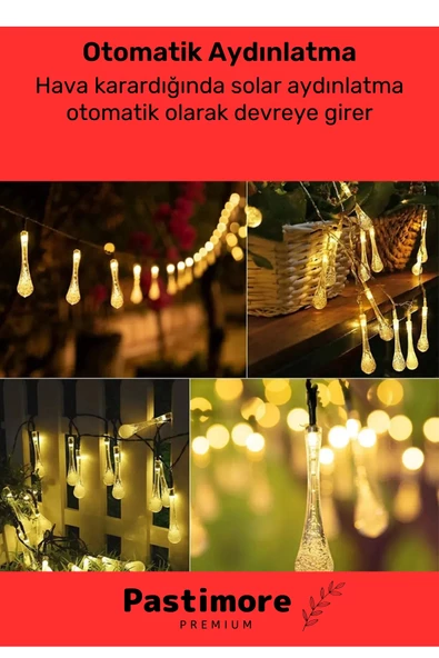 Premium Solar Güneş Enerjili 30 Ledli Su Damlaları 5 Metre Uzunluğunda Sarı Renkli Bahçe Aydınlatma - 2